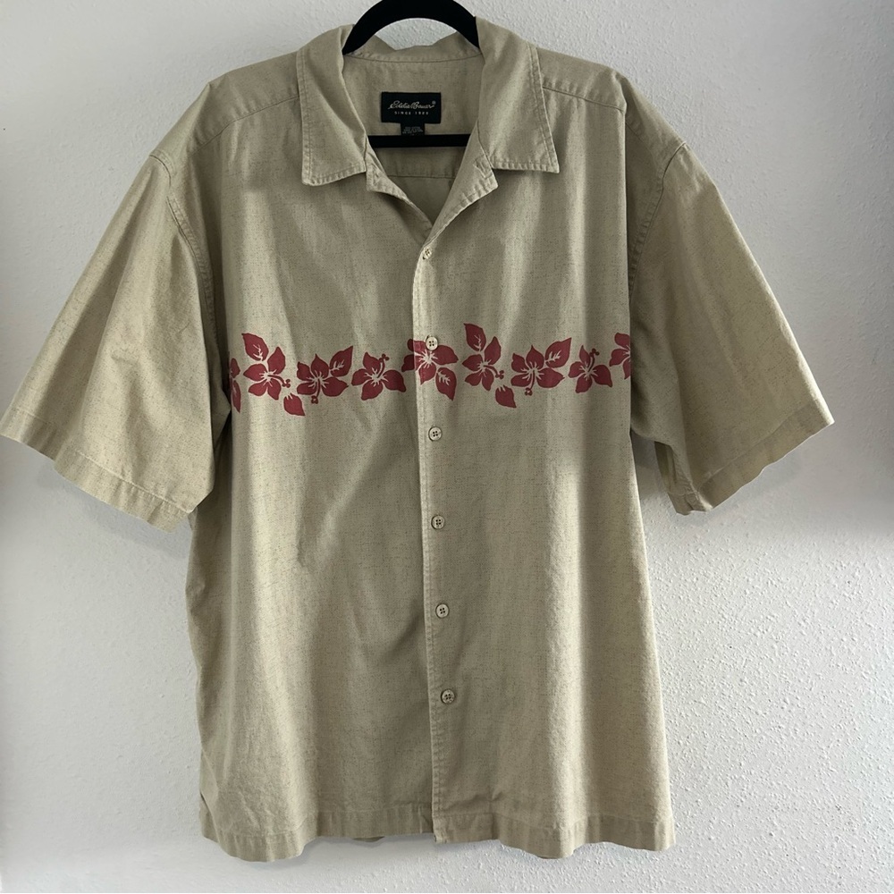 Eddie Bauer Beige Short-Sleeve Camp Shirt with Red Floral Band